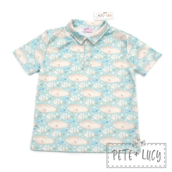 Pete and lucy fish pattern polo shirt 0 To 6, 6 To 12, 12 To 18 Months, 2T,3T,4T - Picture 1 of 3